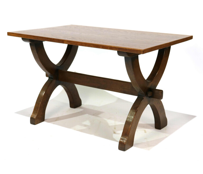 A very interesting X frame trestle ended solid oak dining table 1