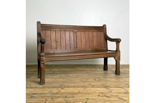 19th Century Solid Oak Gothic Three Seater Bench 1