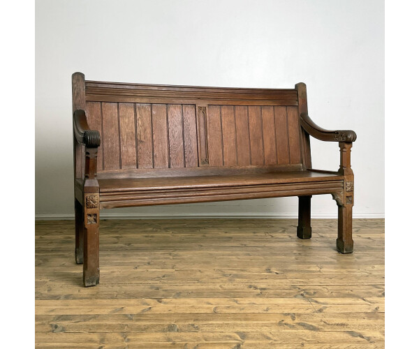 19th Century Solid Oak Gothic Three Seater Bench 1