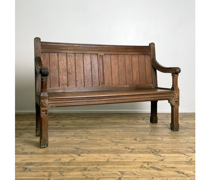 19th Century Solid Oak Gothic Three Seater Bench 1