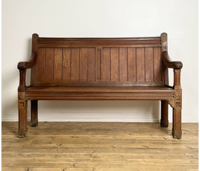 19th Century Solid Oak Gothic Three Seater Bench 2