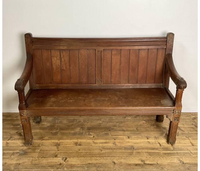 19th Century Solid Oak Gothic Three Seater Bench 3