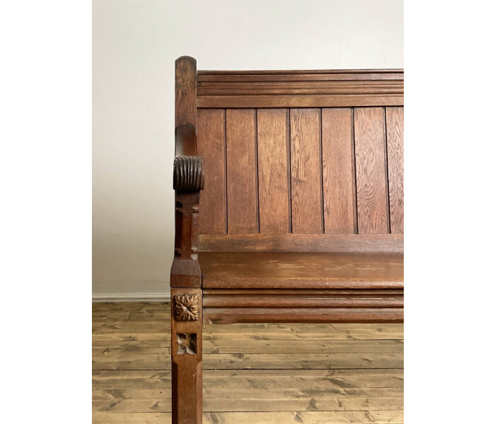 19th Century Solid Oak Gothic Three Seater Bench 4
