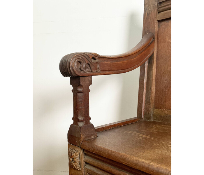 19th Century Solid Oak Gothic Three Seater Bench 5