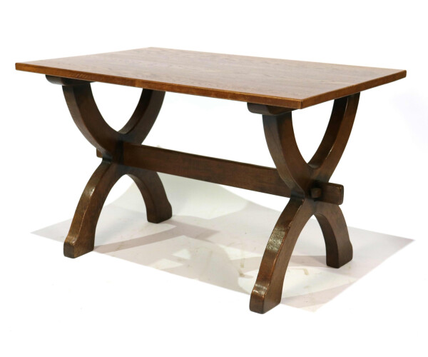 A very interesting X frame trestle ended solid oak dining table 1